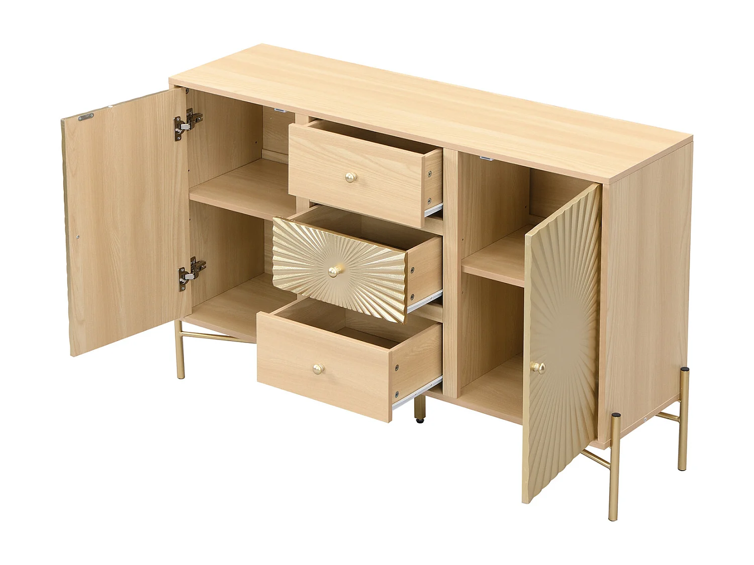 Buffet, couleur bois, longueur 123,5 cm, armoire à deux portes avec 3 tiroirs, design unique en forme de soleil