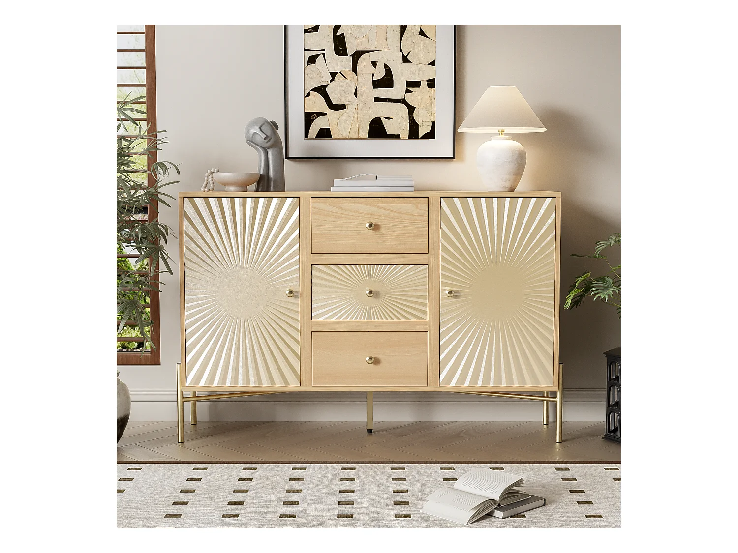 Dressoir, houtkleur, lengte 123,5 cm, tweedeurskast met 3 laden, uniek zonvormig design