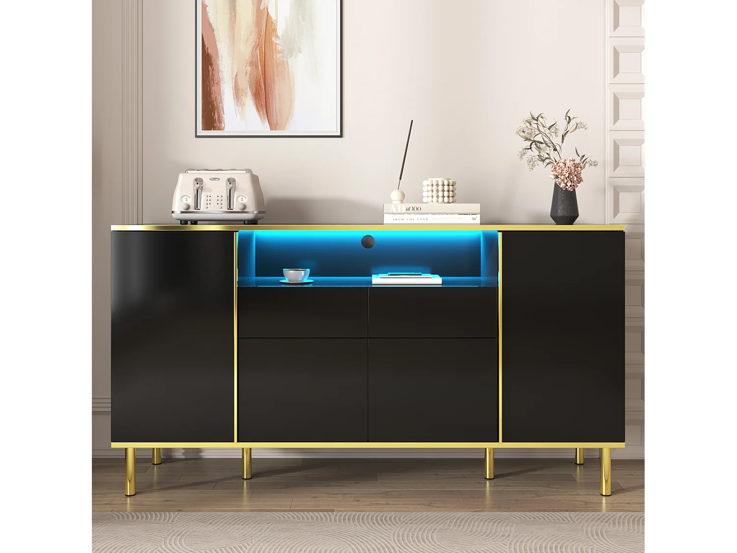 Buffet Bahut 2 tiroirs 4 portes LED 150 x 40 x 80 cm Buffet noir brillant pour Salon Chambre Bureau
