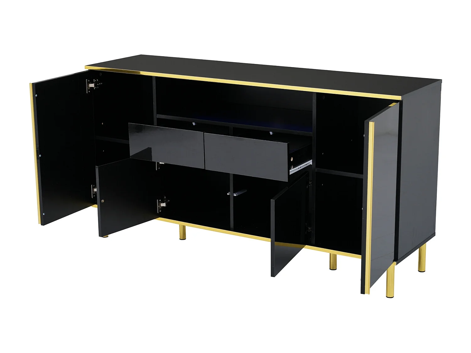 Buffet Bahut 2 tiroirs 4 portes LED 150 x 40 x 80 cm Buffet noir brillant pour Salon Chambre Bureau
