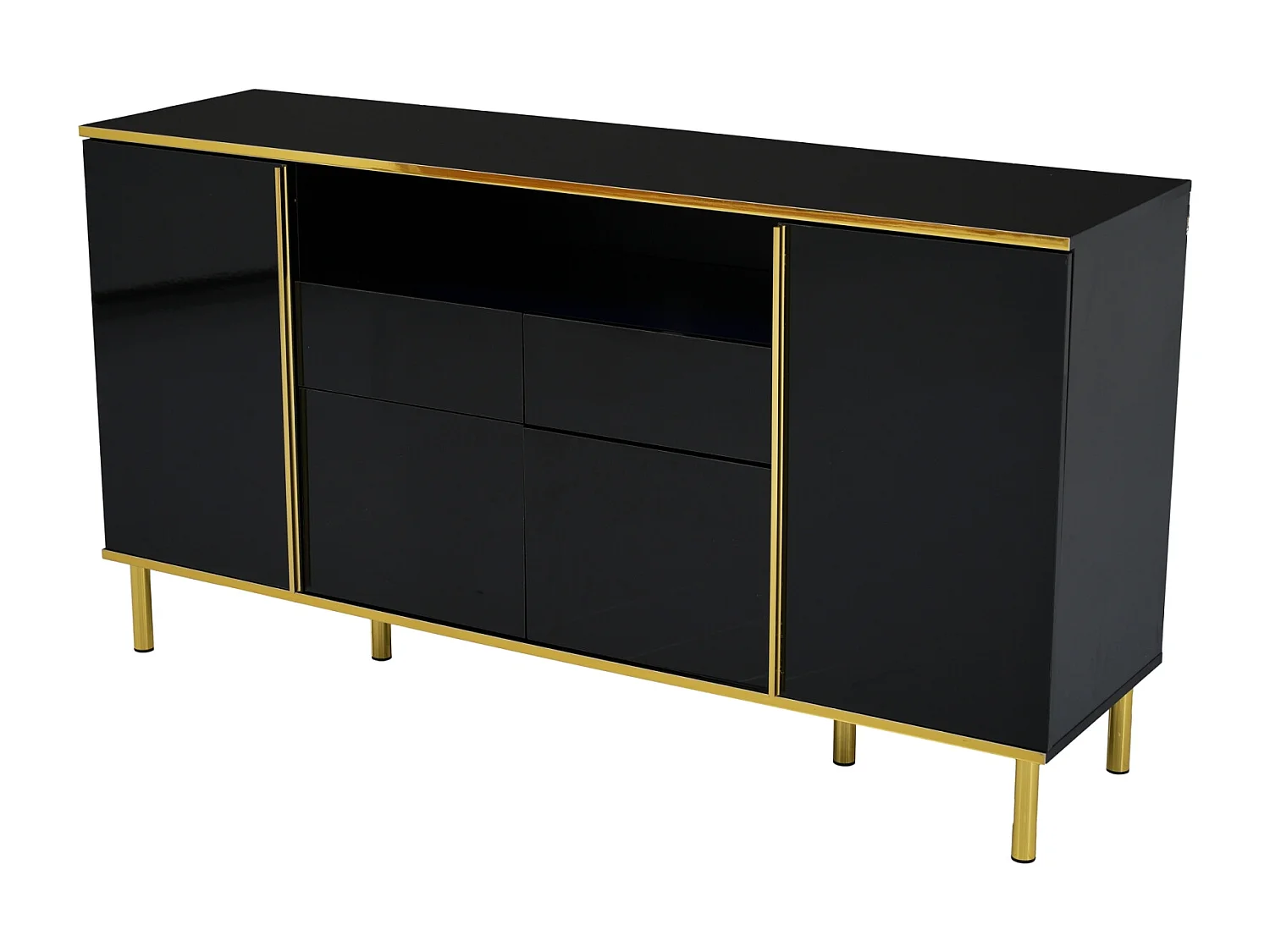 Buffet Bahut 2 tiroirs 4 portes LED 150 x 40 x 80 cm Buffet noir brillant pour Salon Chambre Bureau