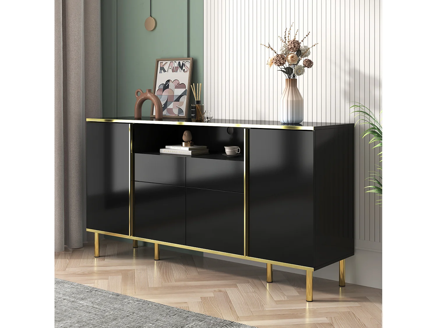 Buffet Bahut 2 tiroirs 4 portes LED 150 x 40 x 80 cm Buffet noir brillant pour Salon Chambre Bureau