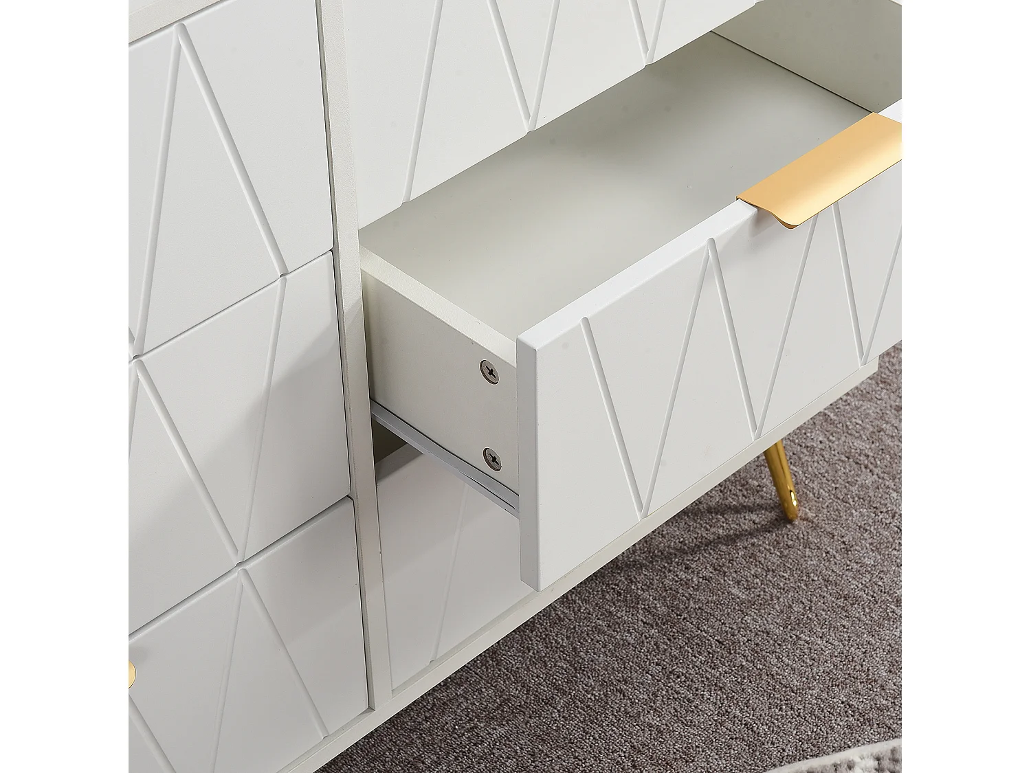 Credenza bassa con 6 cassetti - Cassettiera - Legno MDF e metallo dorato - 100 x 34 x 73 cm - Bianco