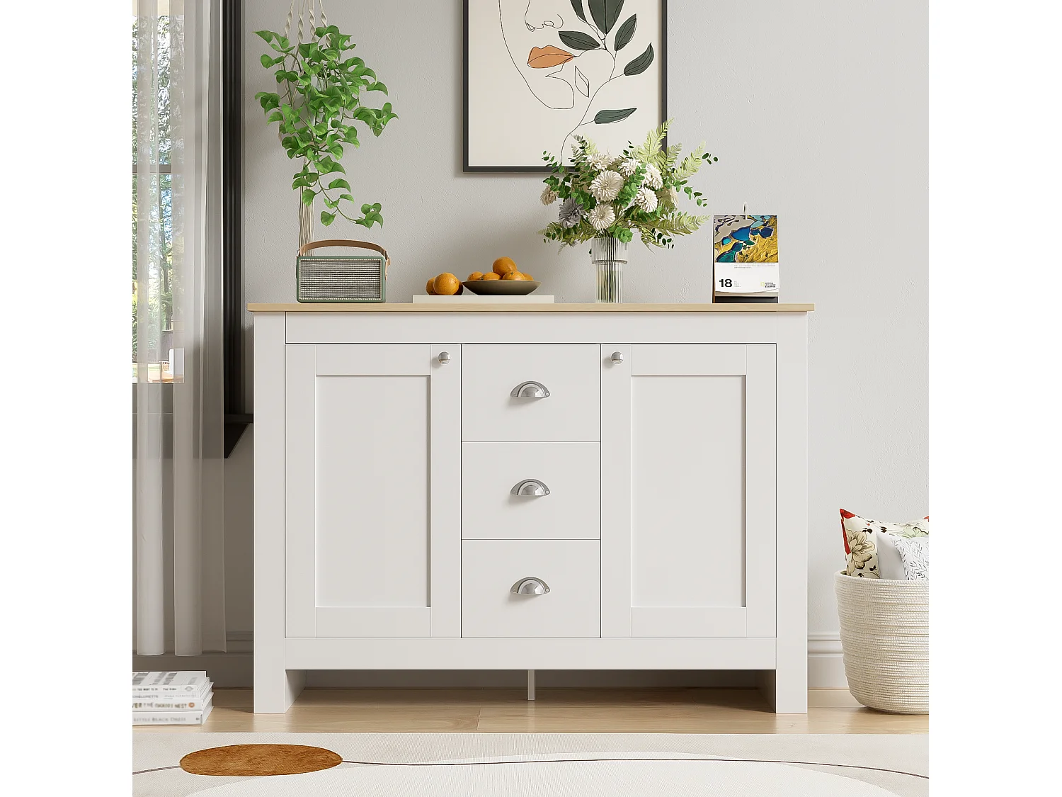 Buffet en bois blanc - Somubi - avec 2 portes et 3 tiroirs - poignées argentées - étagères réglables - 116 x 35 x 81 cm