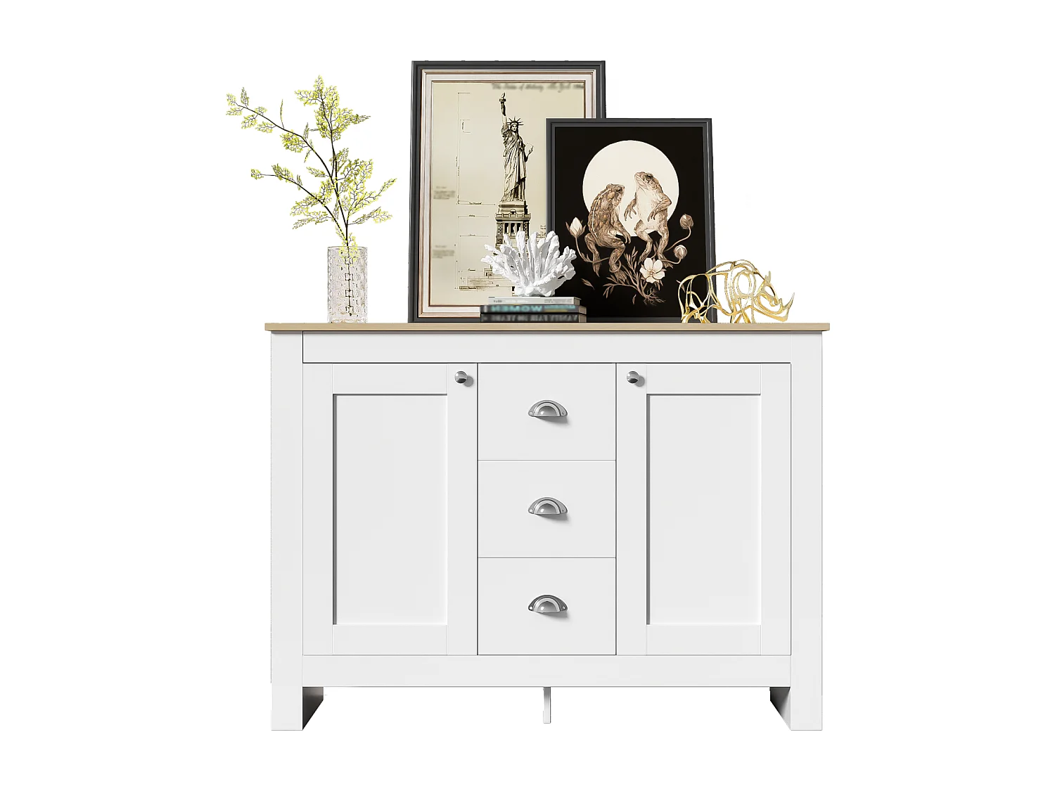 Buffet en bois blanc - Somubi - avec 2 portes et 3 tiroirs - poignées argentées - étagères réglables - 116 x 35 x 81 cm