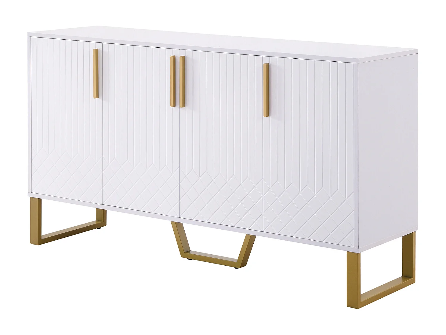 Buffet 140x40x80cm - armoire avec 4 portes, pieds en métal, brillant, design géométrique blanc