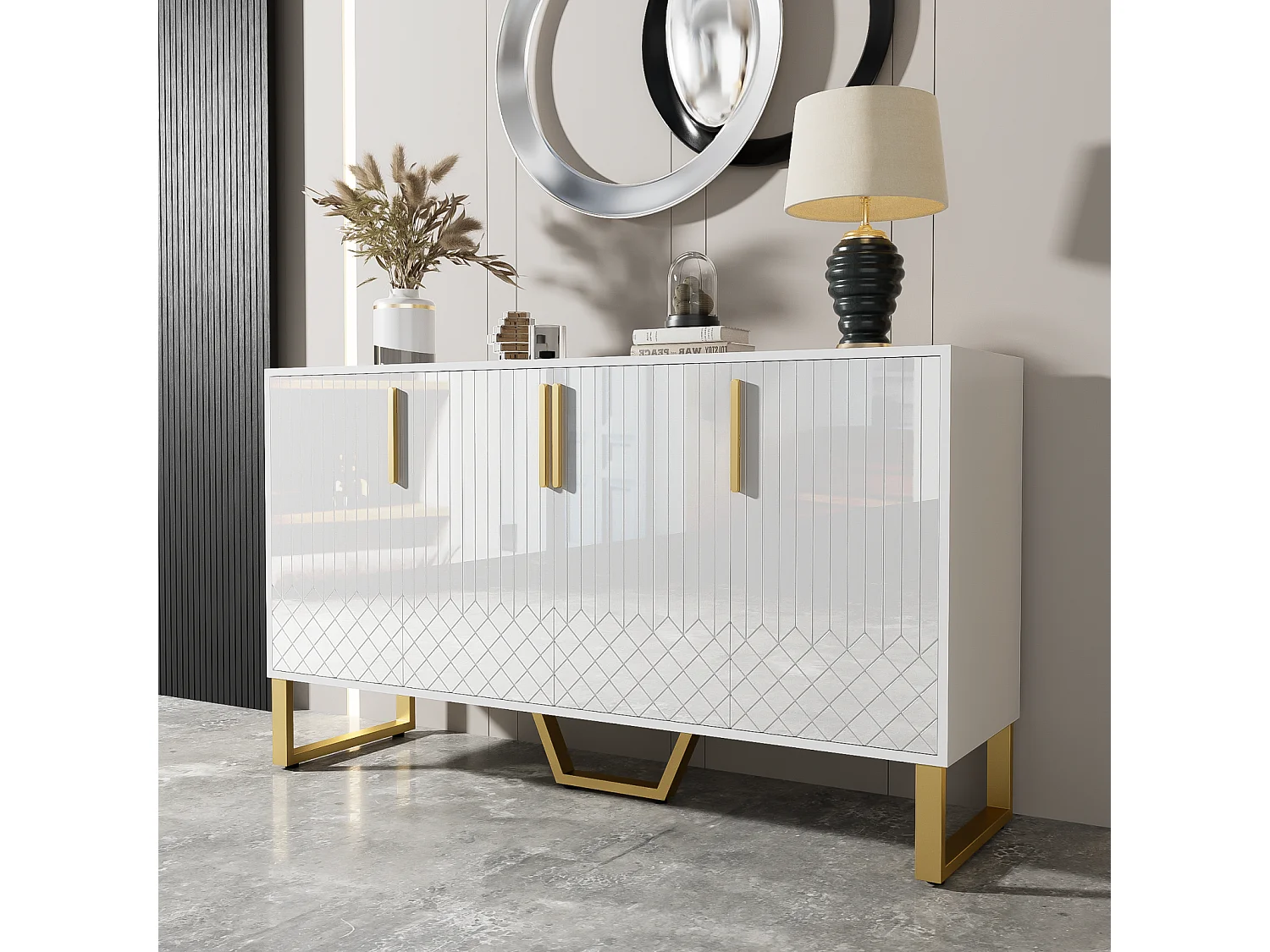 Dressoir 140x40x80cm - kast met 4 deuren, metalen poten, glanzend wit geometrisch design