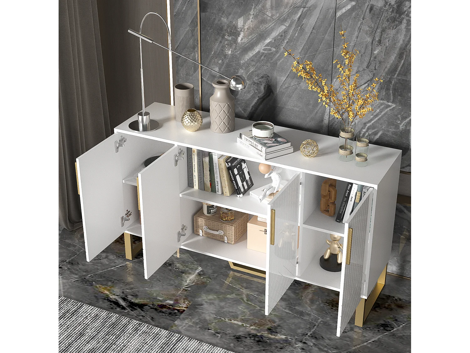 Dressoir 140x40x80cm - kast met 4 deuren, metalen poten, glanzend wit geometrisch design