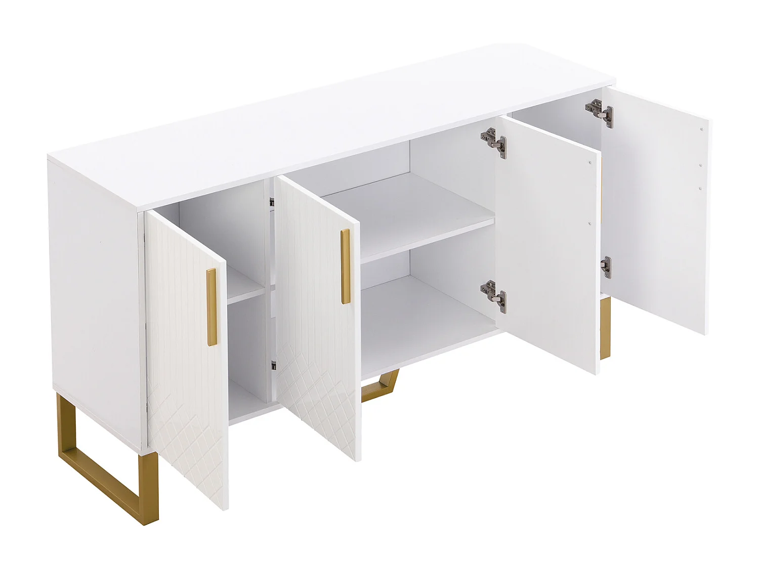 Dressoir 140x40x80cm - kast met 4 deuren, metalen poten, glanzend wit geometrisch design