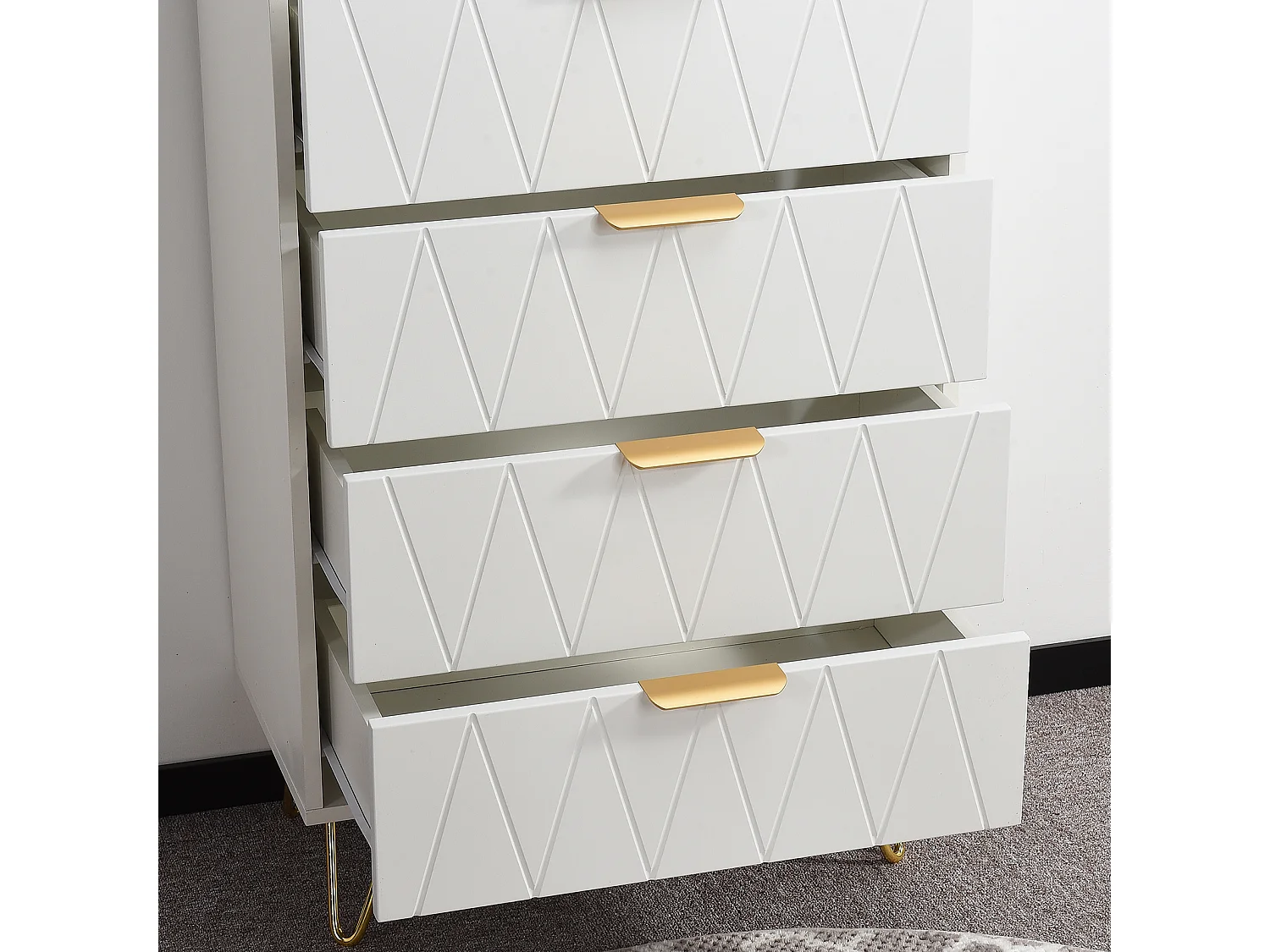 Aparador bajo con 6 cajones - Cómoda - Madera MDF y metal dorado - 60 x 34 x 90 cm - Blanco