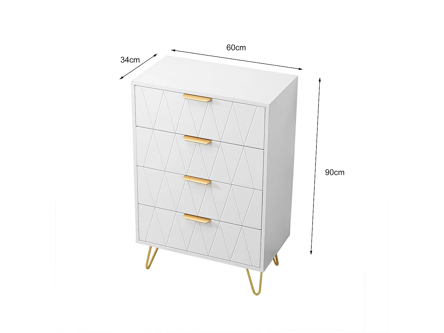 Aparador bajo con 6 cajones - Cómoda - Madera MDF y metal dorado - 60 x 34 x 90 cm - Blanco