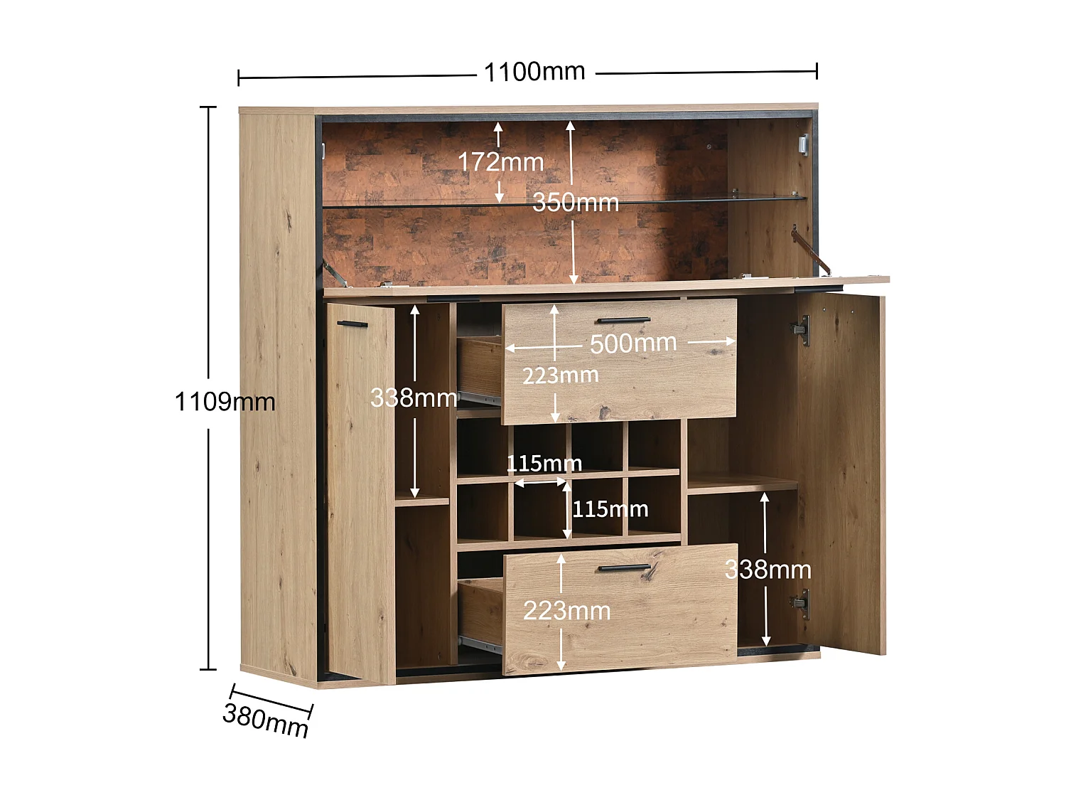 Buffet de rangement, Elégante armoire à vin avec portes doubles, étagère en verre et support pour le vin - Rangement parfait