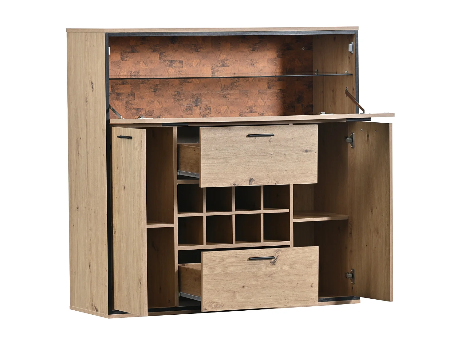 Buffet de rangement, Elégante armoire à vin avec portes doubles, étagère en verre et support pour le vin - Rangement parfait