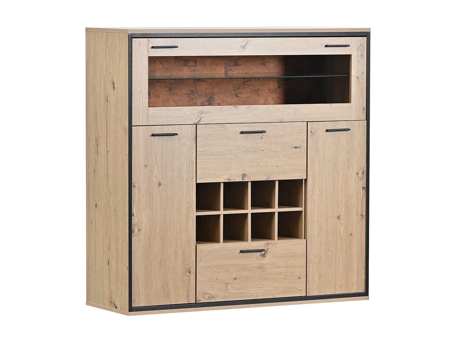 Buffet de rangement, Elégante armoire à vin avec portes doubles, étagère en verre et support pour le vin - Rangement parfait