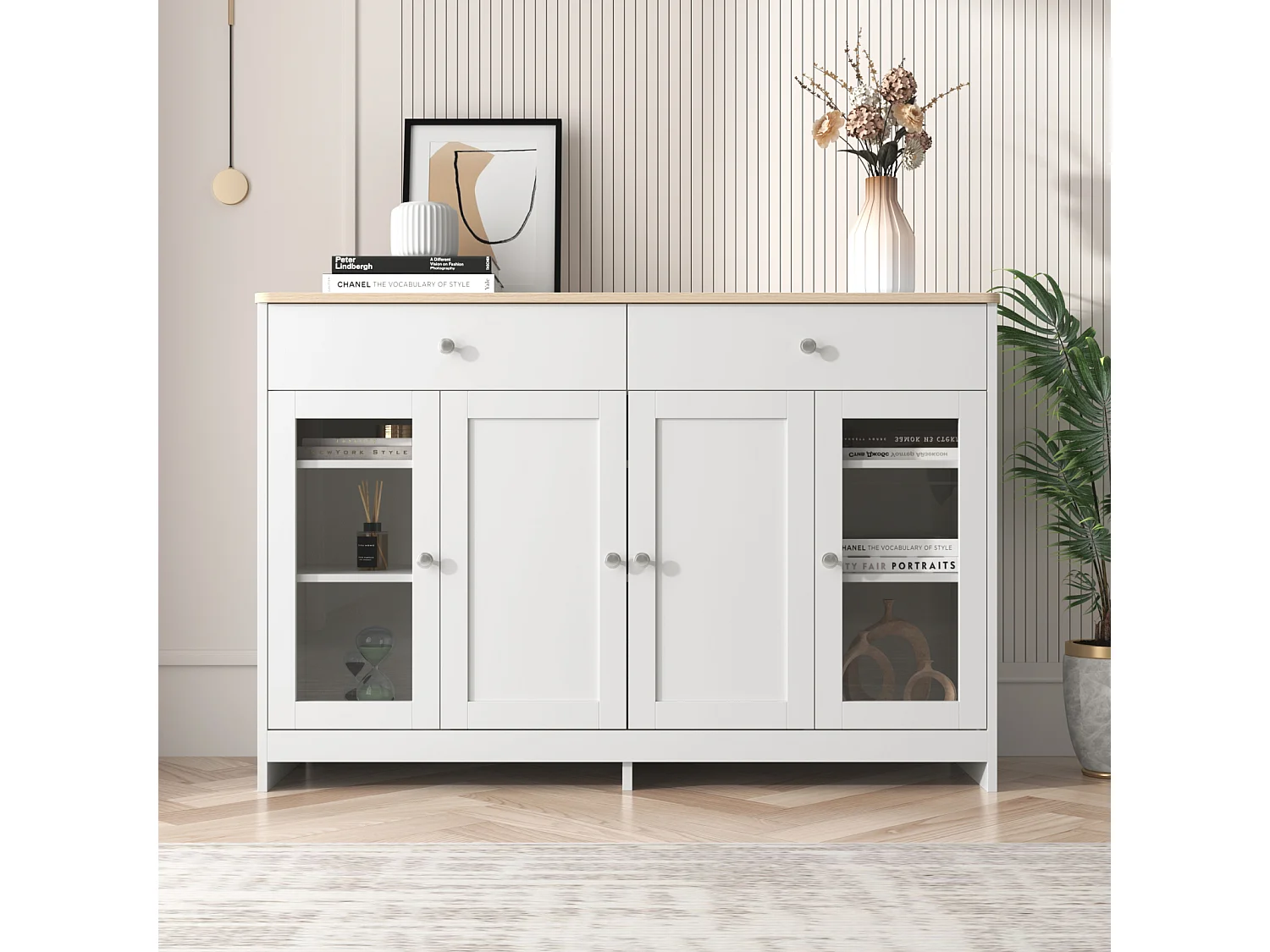 Dressoir van wit geaderd hout 120 Lx37 Bx80H(cm) - Dressoir met 4 deuren met glas en 2 lades voor keuken, woonkamer, eetkamer - Wit