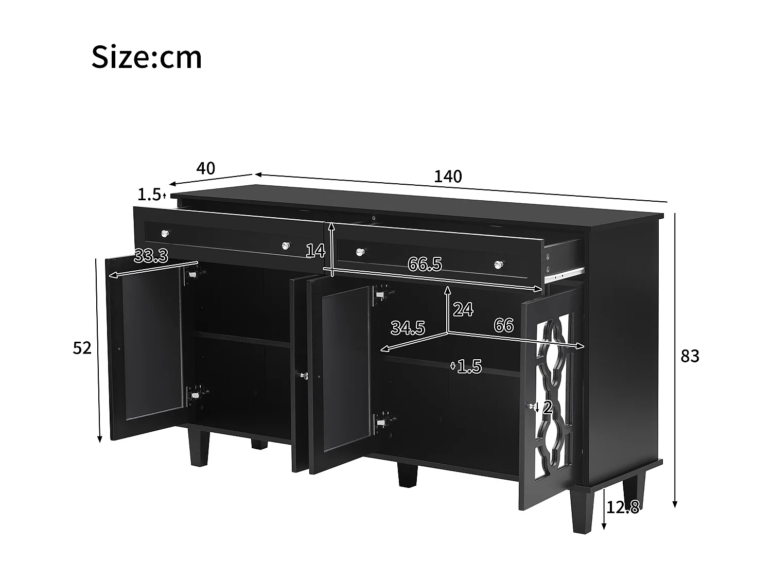 Buffet 140x40x83cm - avec 4 portes miroir et 2 tiroirs - étagères réglables et poignées en cristal - Noir