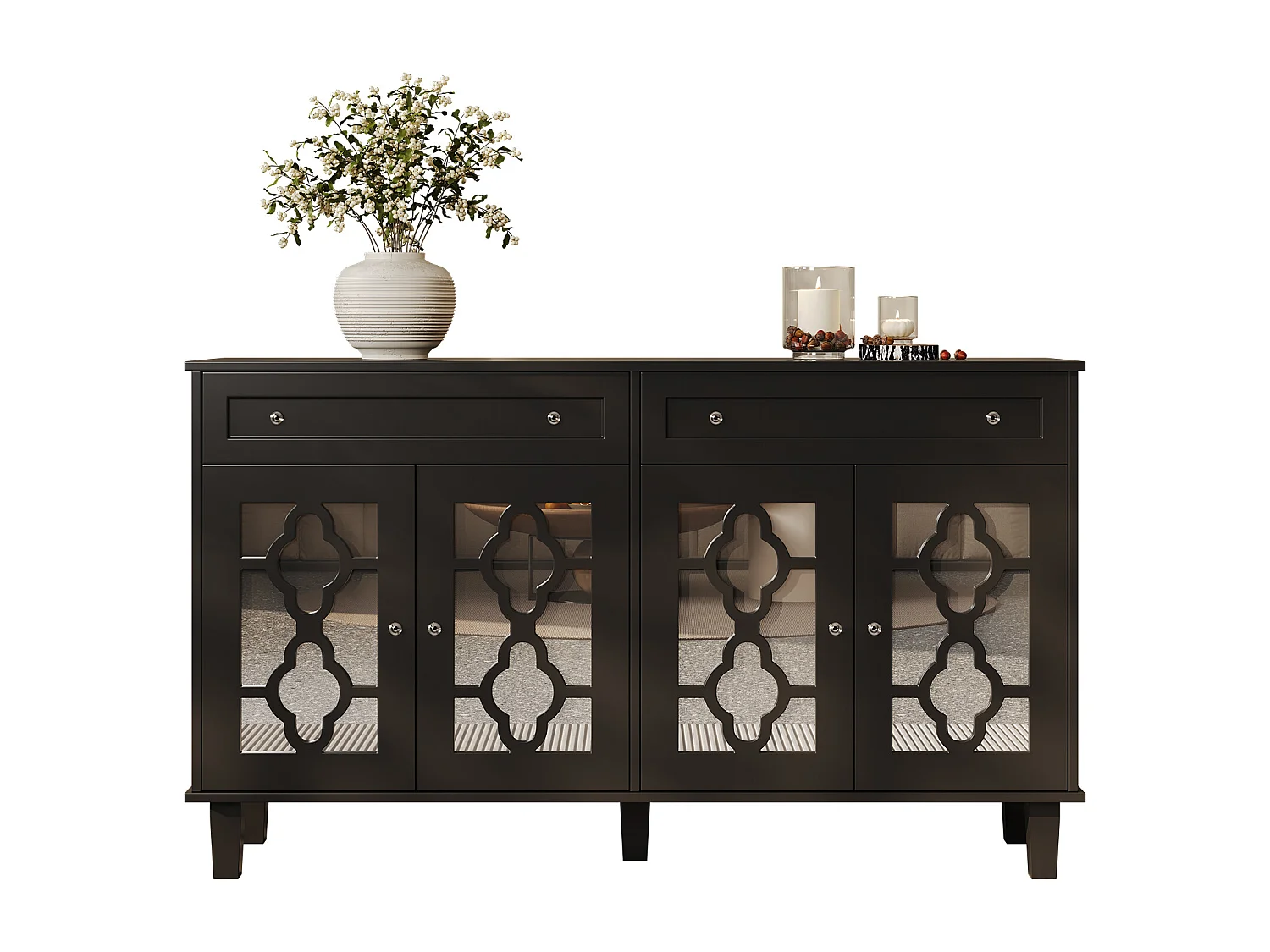 Buffet 140x40x83cm - avec 4 portes miroir et 2 tiroirs - étagères réglables et poignées en cristal - Noir