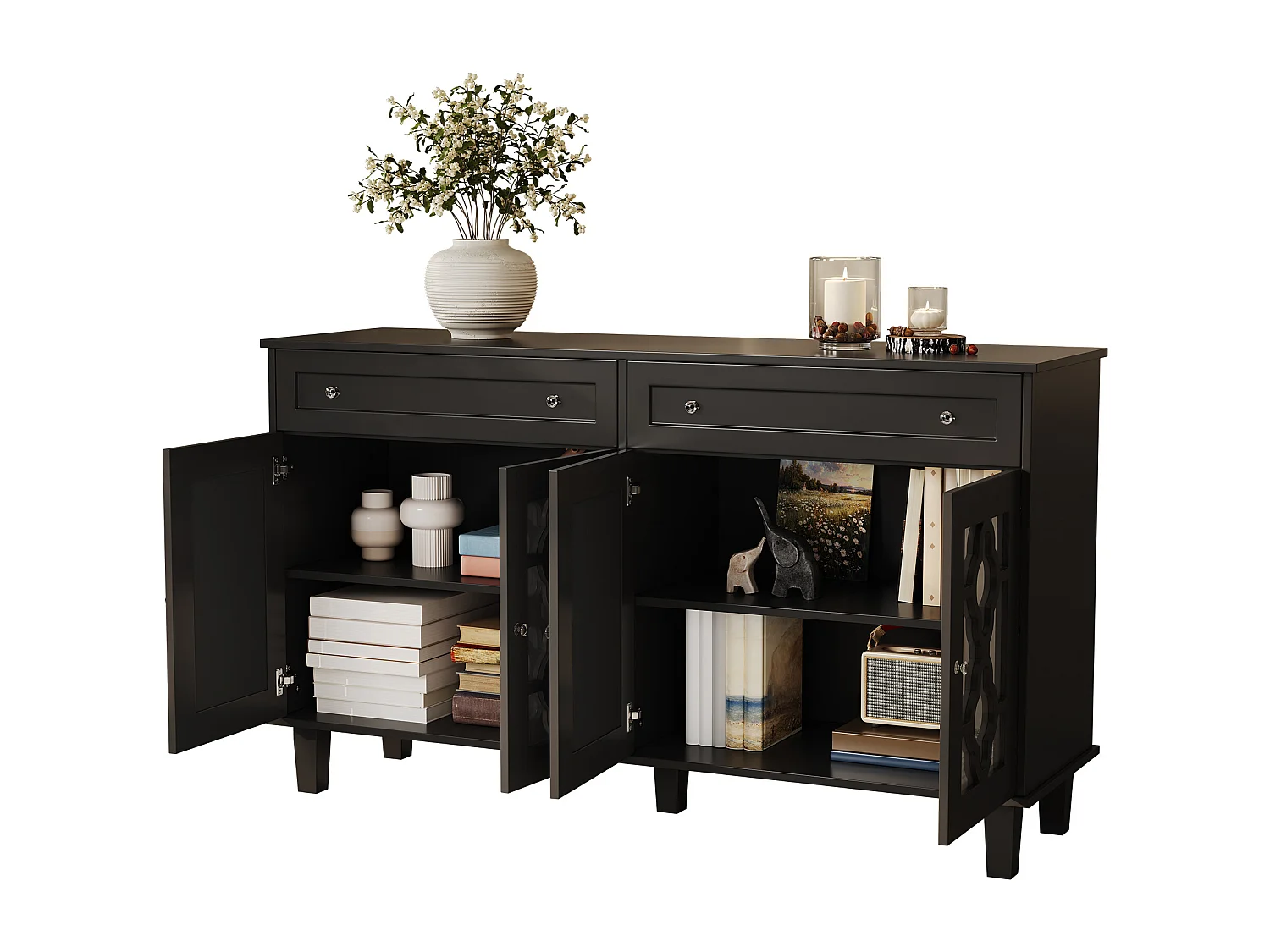 Buffet 140x40x83cm - avec 4 portes miroir et 2 tiroirs - étagères réglables et poignées en cristal - Noir