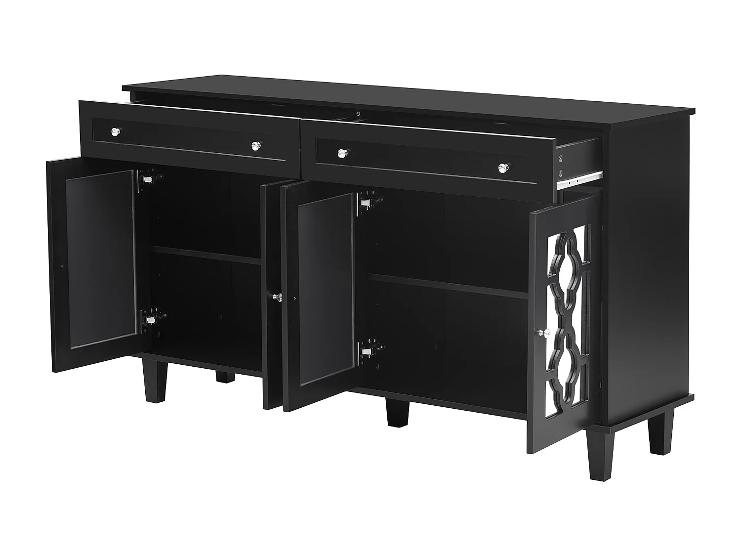 Buffet 140x40x83cm - avec 4 portes miroir et 2 tiroirs - étagères réglables et poignées en cristal - Noir