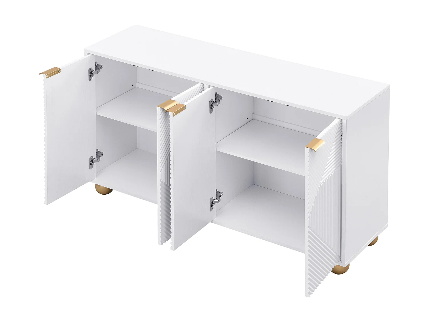 Credenza a quattro ante con ripiani interni regolabili, maniglie in metallo e piedini a sfera, bianca