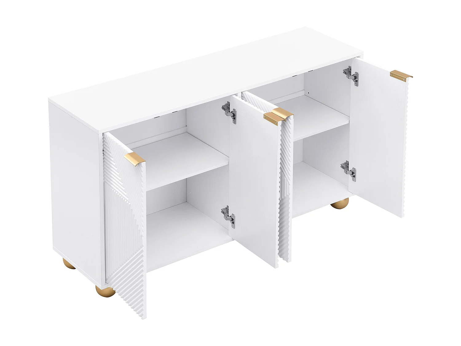 Credenza a quattro ante con ripiani interni regolabili, maniglie in metallo e piedini a sfera, bianca