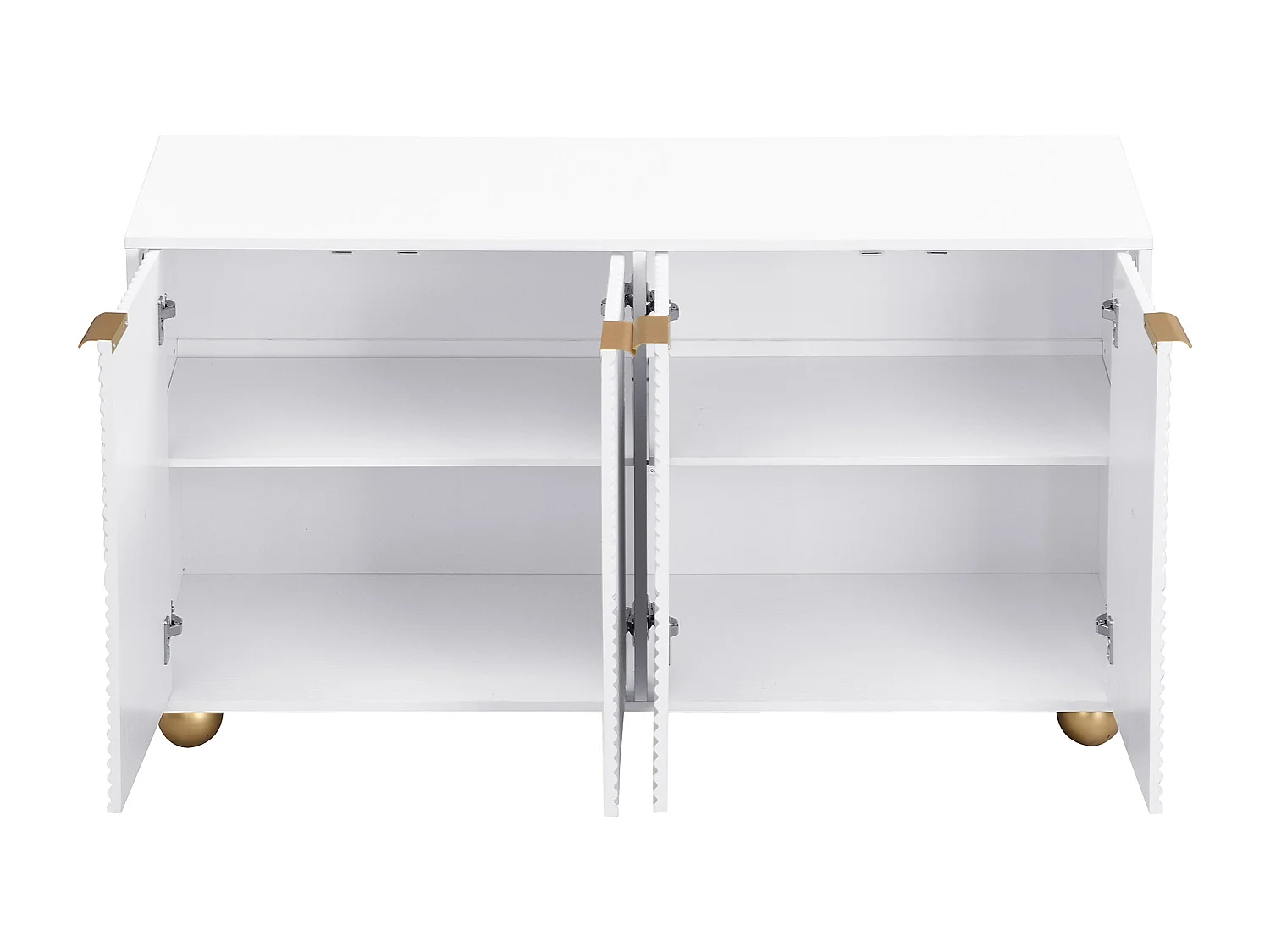 Credenza a quattro ante con ripiani interni regolabili, maniglie in metallo e piedini a sfera, bianca