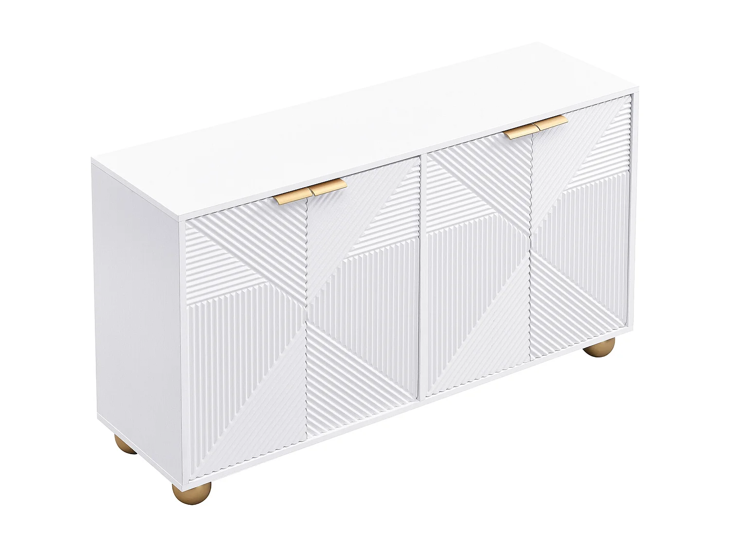 Credenza a quattro ante con ripiani interni regolabili, maniglie in metallo e piedini a sfera, bianca