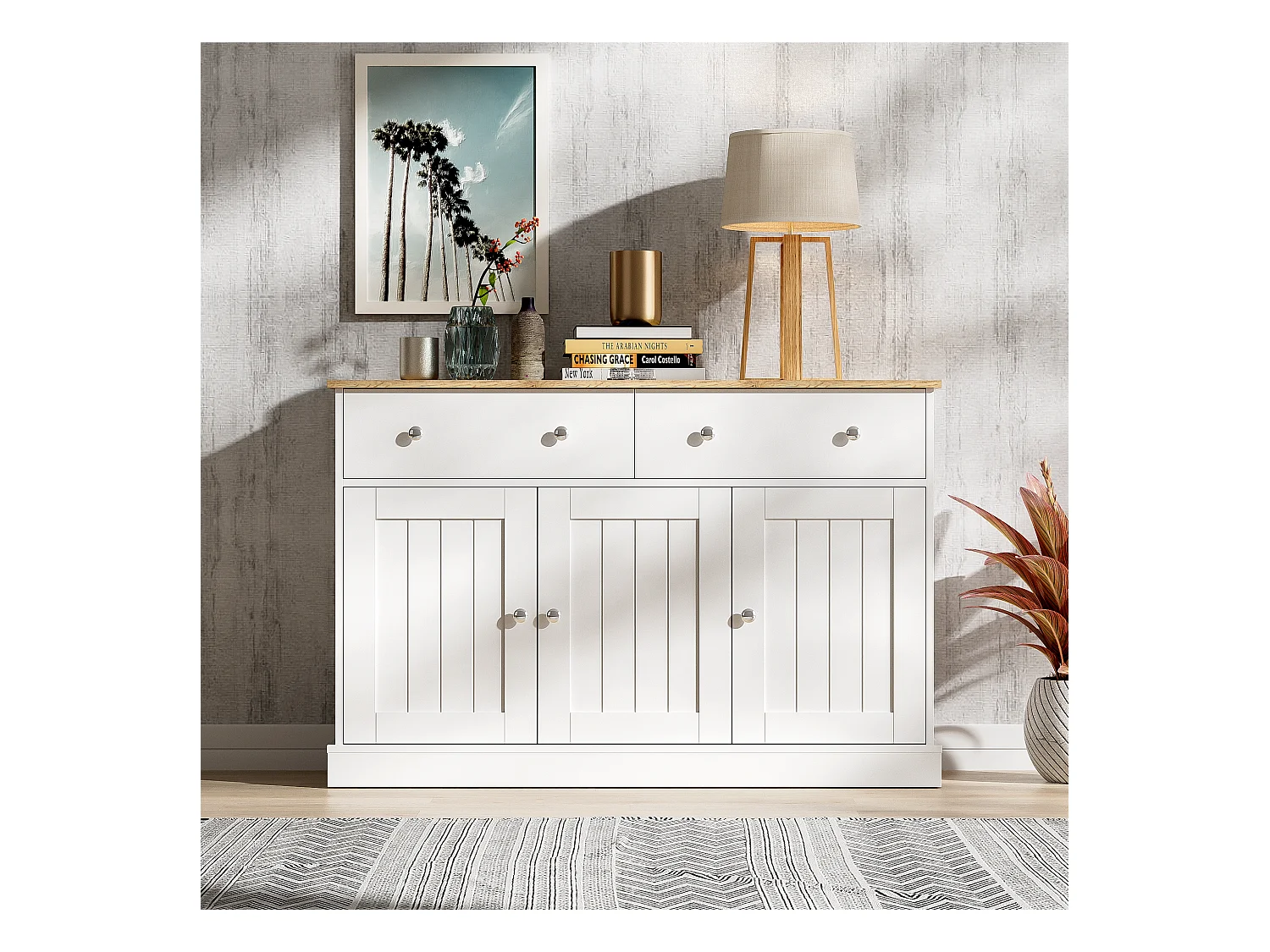 Buffet 120x36x80.5cm - meuble de salon avec texture gravée, mécanisme d'ouverture par pression - Blanc