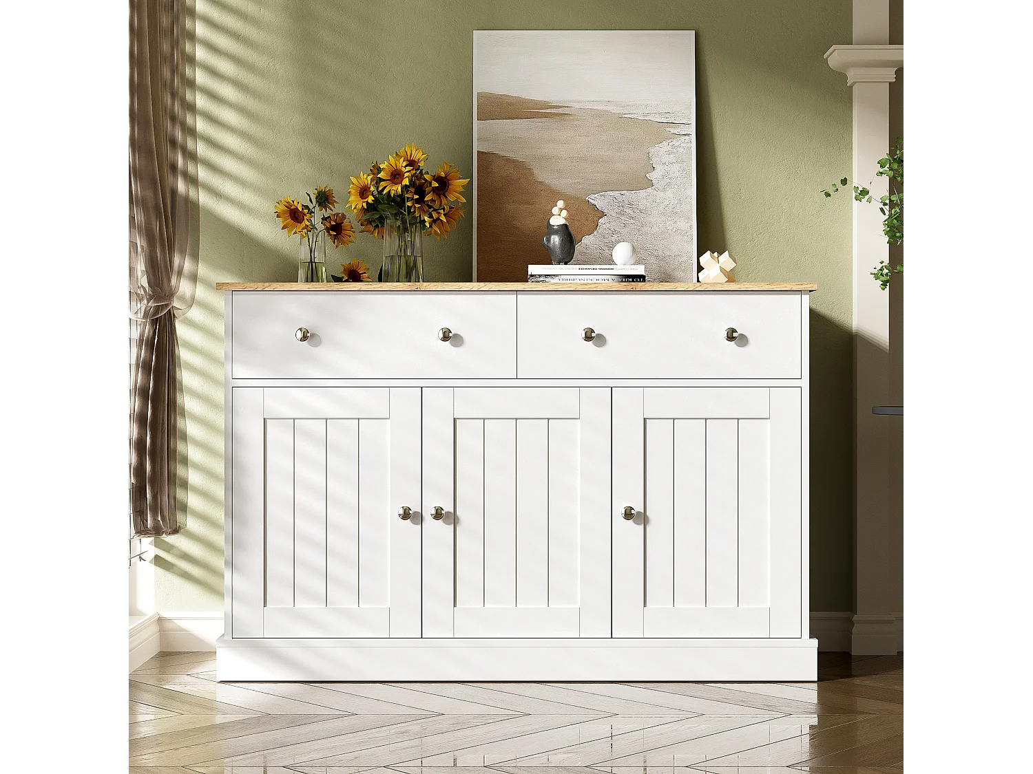 Buffet 120x36x80.5cm - meuble de salon avec texture gravée, mécanisme d'ouverture par pression - Blanc