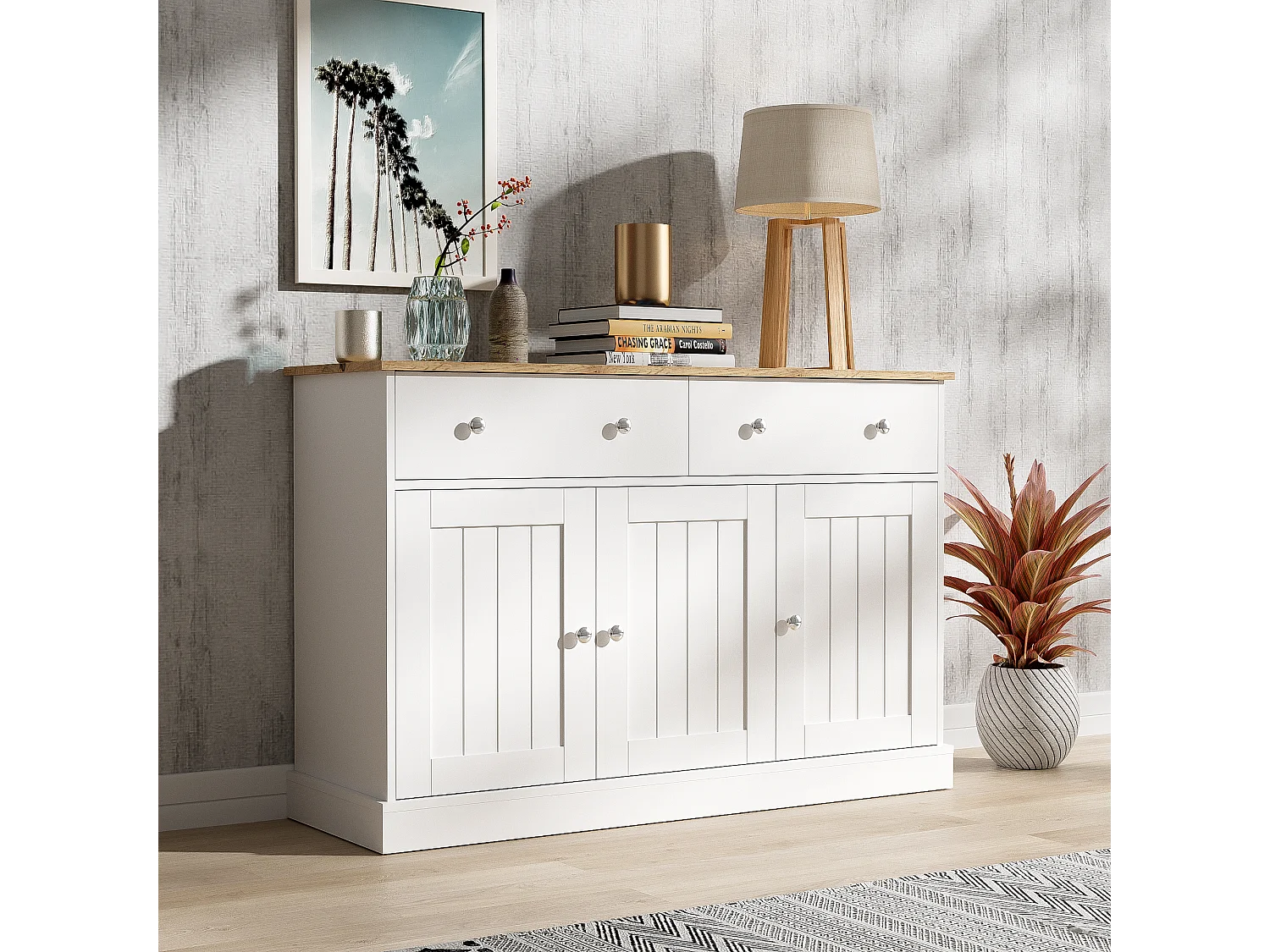 Buffet 120x36x80.5cm - meuble de salon avec texture gravée, mécanisme d'ouverture par pression - Blanc