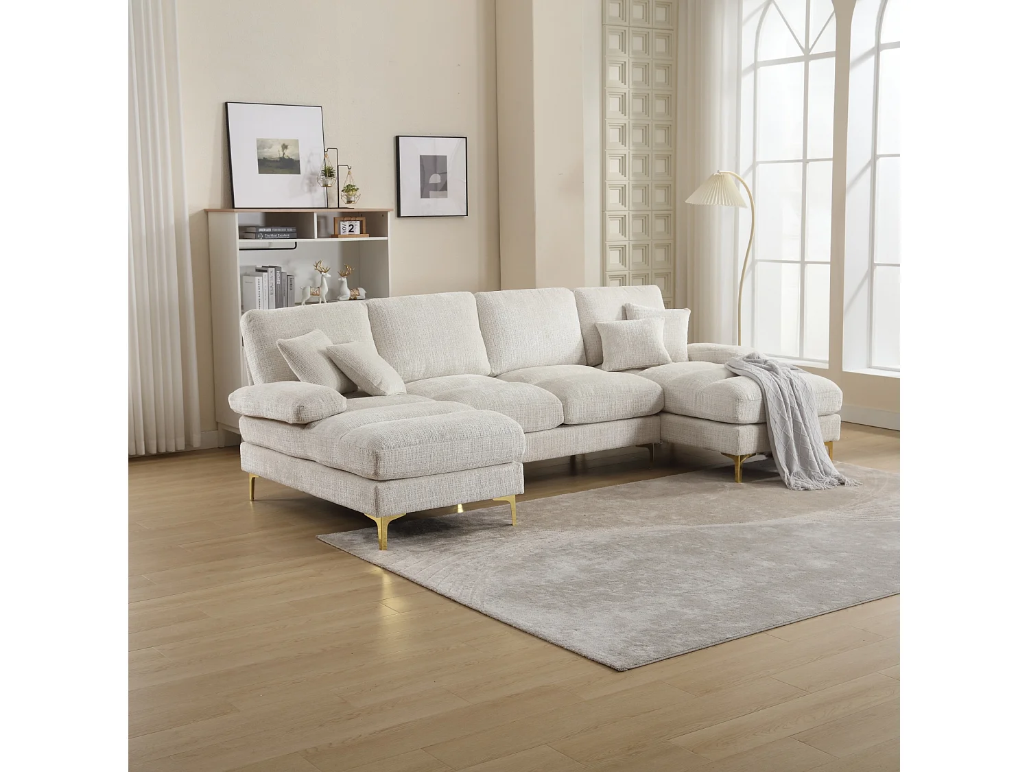 Canapé d'angle 4 places, 272x136x88cm,Grand canapé en forme de U, moderne, en tissu chenille, beige