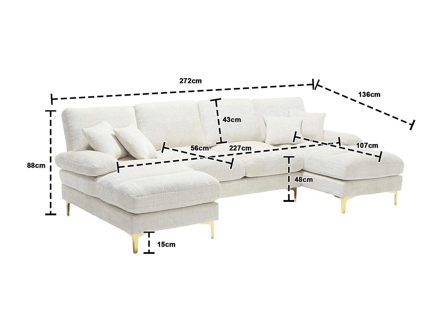 Canapé d'angle 4 places, 272x136x88cm,Grand canapé en forme de U, moderne, en tissu chenille, beige