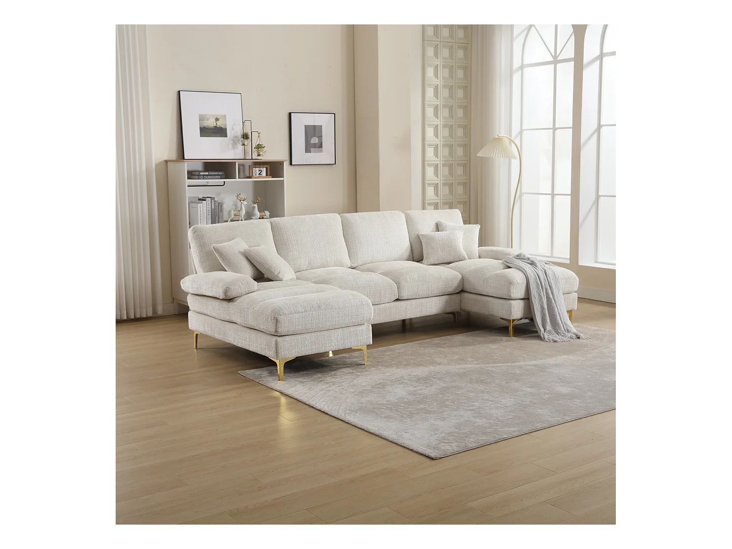 Canapé d'angle 4 places, 272x136x88cm,Grand canapé en forme de U, moderne, en tissu chenille, beige