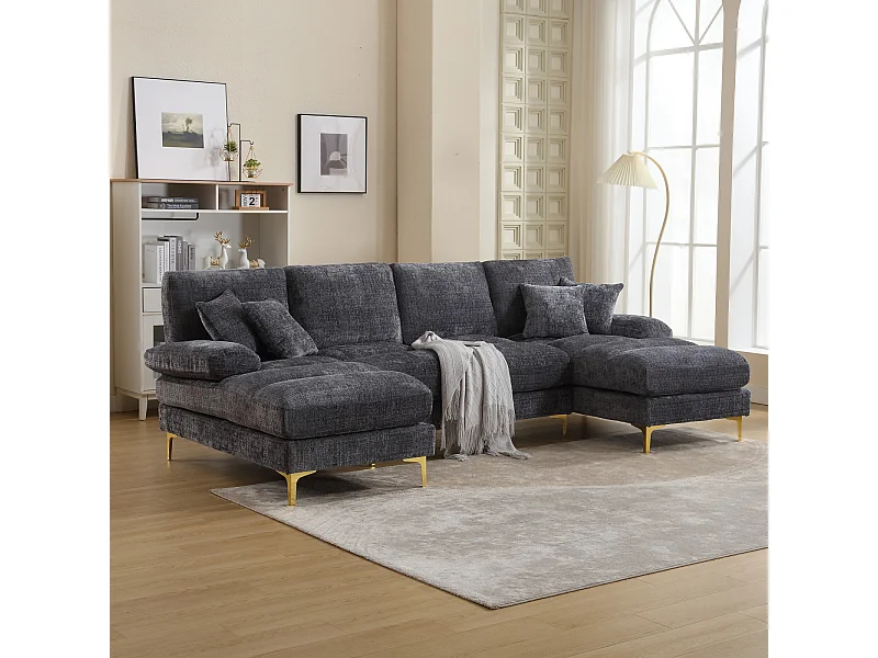 Canapé d'angle 4 places, 272x136x88cm,Grand canapé en forme de U, moderne, en tissu chenille, gris
