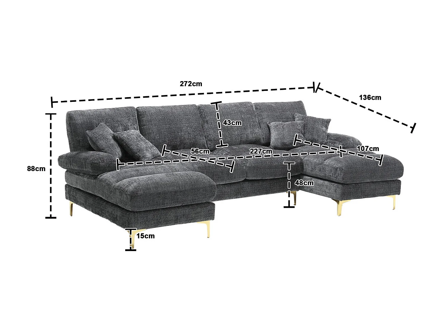 Canapé d'angle 4 places, 272x136x88cm,Grand canapé en forme de U, moderne, en tissu chenille, gris