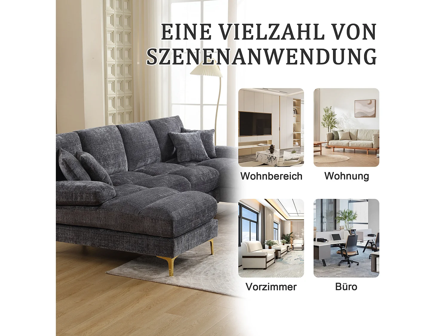 Canapé d'angle 4 places, 272x136x88cm,Grand canapé en forme de U, moderne, en tissu chenille, gris