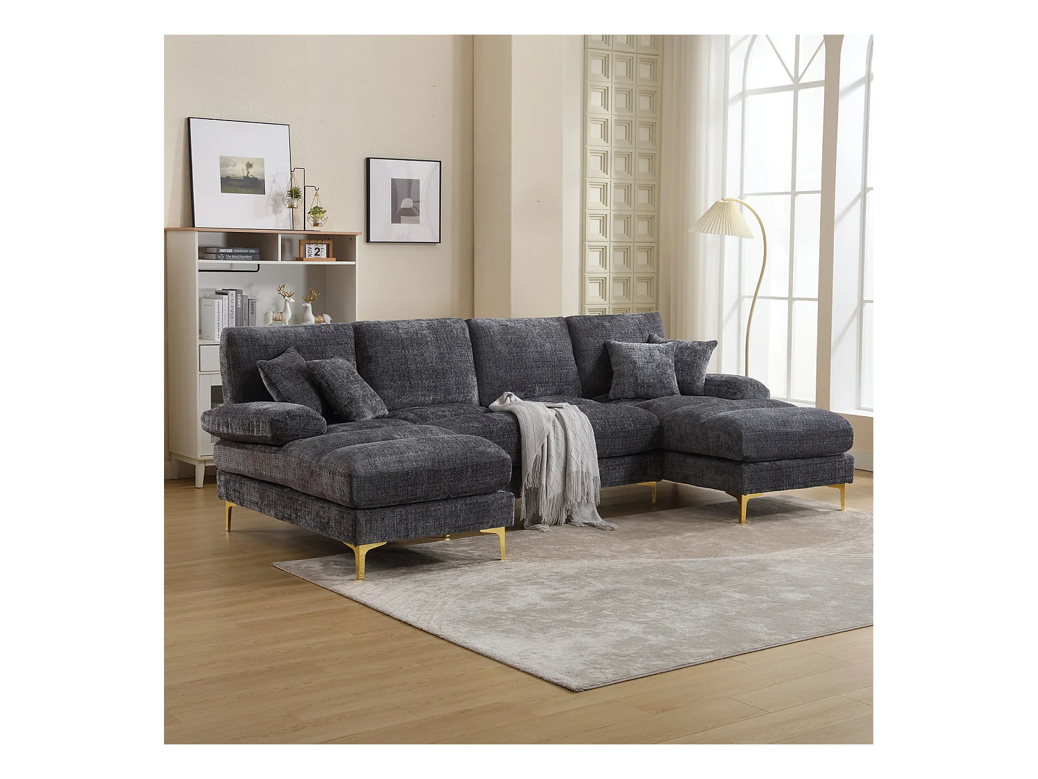 Canapé d'angle 4 places, 272x136x88cm,Grand canapé en forme de U, moderne, en tissu chenille, gris