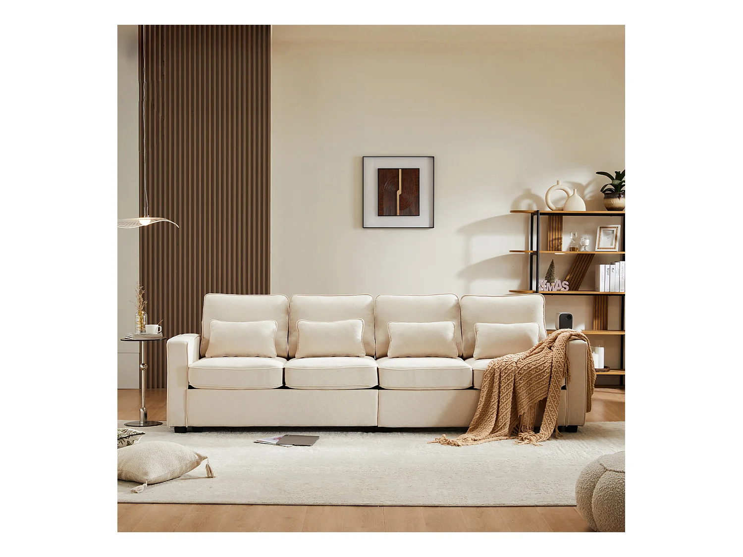 Canapé 4 places, 264x83x87cm, tissu lin, avec poches d'accoudoir et 4 coussins, style simple, pour le salon, beige