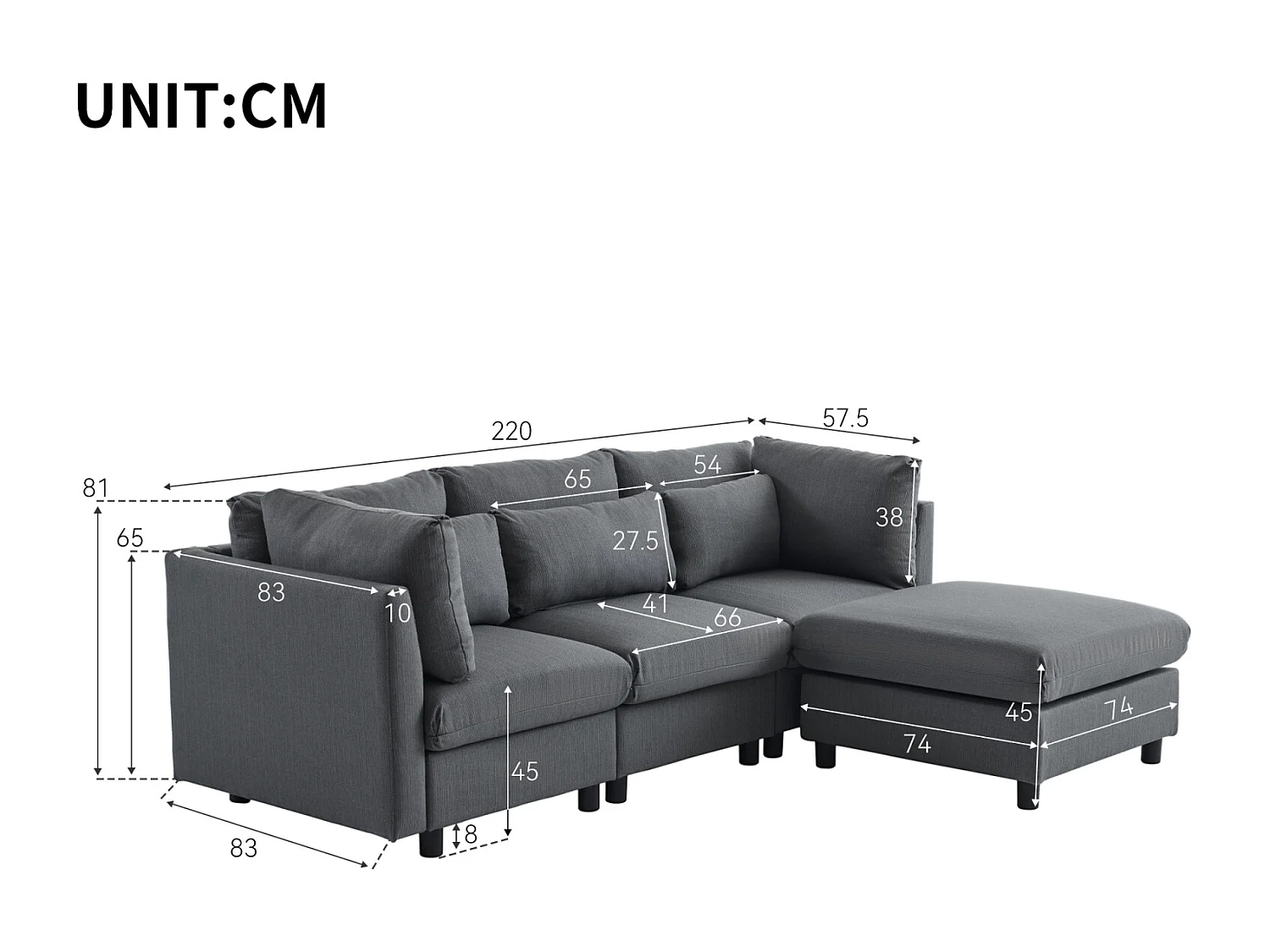 Divano angolare a 3-4 posti, imbottito a L, tessuto di lino, 220x83x81 cm, grigio