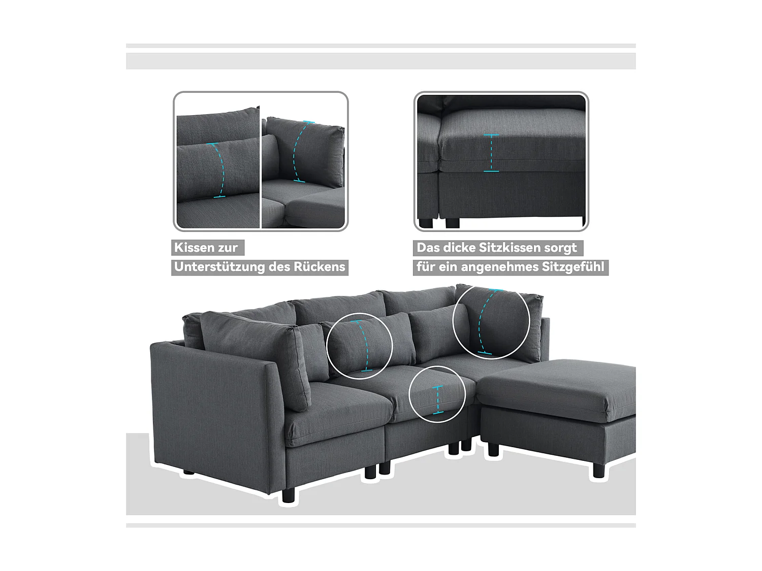 Divano angolare a 3-4 posti, imbottito a L, tessuto di lino, 220x83x81 cm, grigio