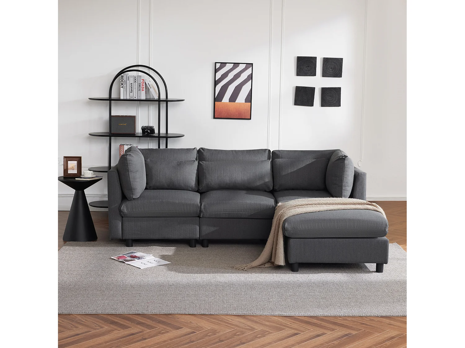 Canapé d'angle 3-4 places, meubles rembourrés en forme de L, tissu en lin, 220x83x81cm, gris