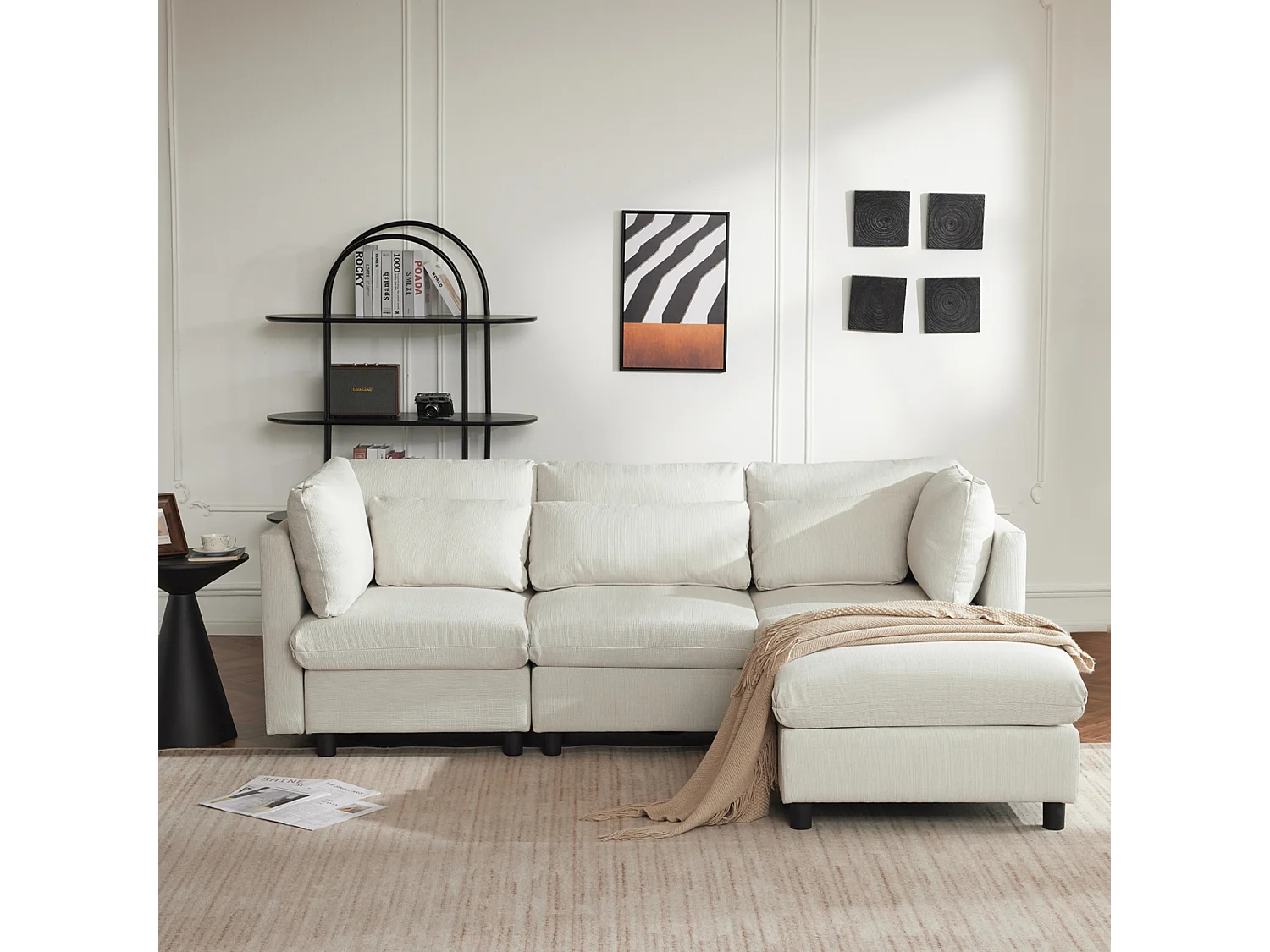 3-4-zits hoekbank, L-vormig gestoffeerd meubilair, linnen stof, 220x83x81cm, beige