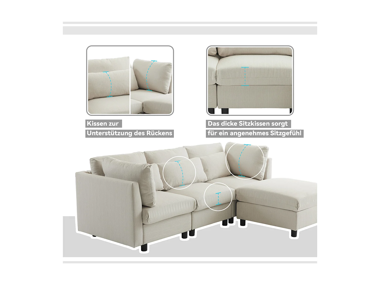 Sofá esquinero de 3-4 plazas, tapizado en forma de L, tejido de lino, 220 x 83 x 81 cm, beige