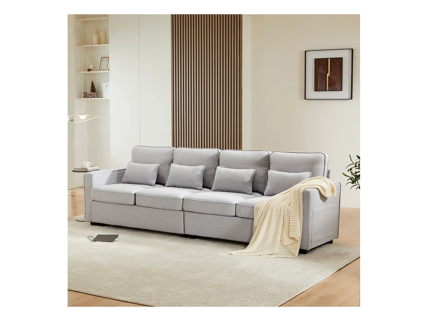 Sofá de 4 plazas, 264x83x87cm, tejido de lino, con bolsillos en reposabrazos y 4 cojines, estilo sencillo, para salón, gris claro