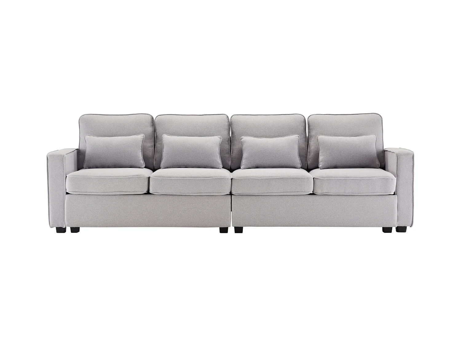 Sofá de 4 plazas, 264x83x87cm, tejido de lino, con bolsillos en reposabrazos y 4 cojines, estilo sencillo, para salón, gris claro