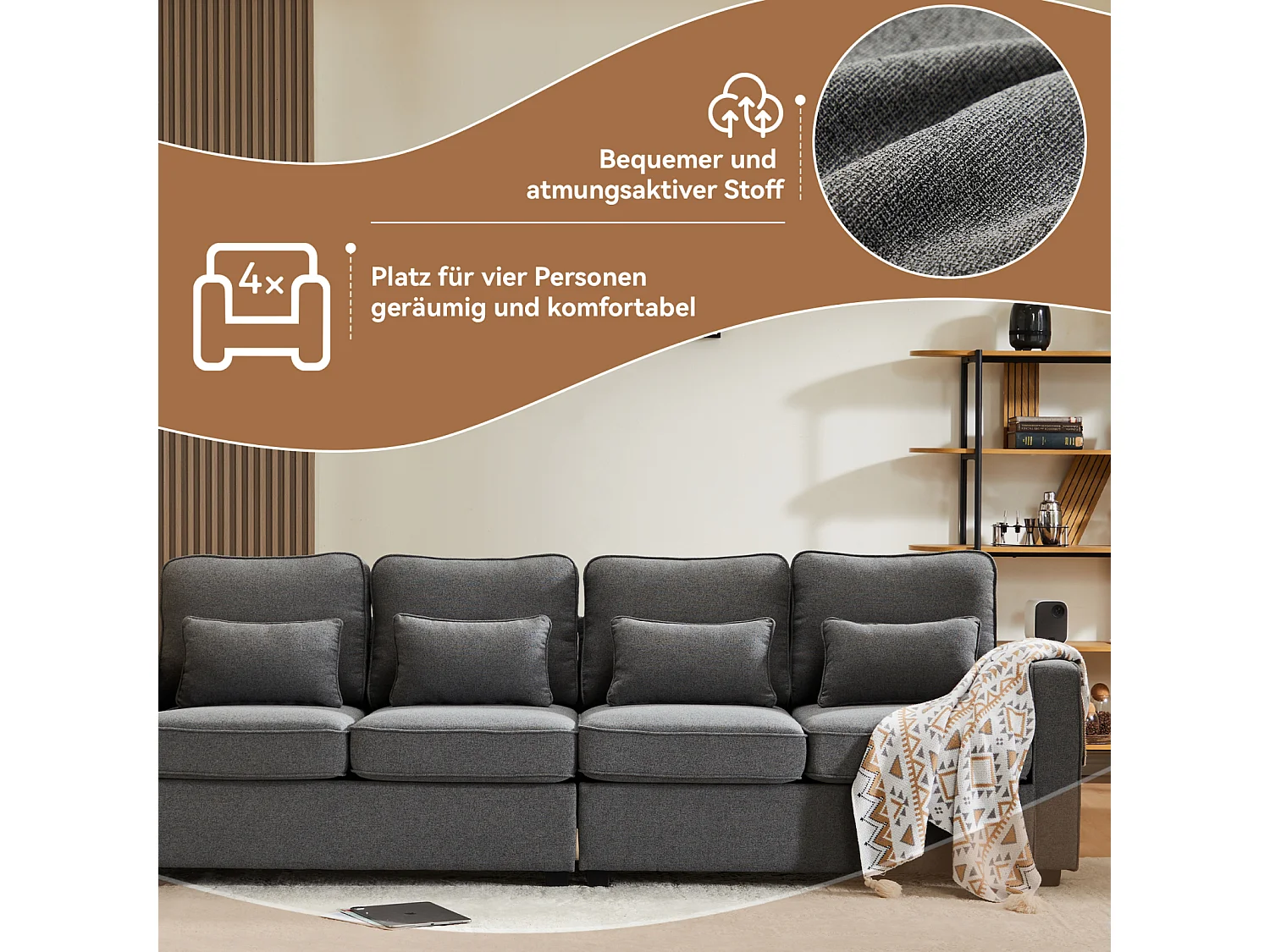 Divano 4 posti, 264x83x87cm, tessuto di lino, con tasche sui braccioli e 4 cuscini, stile semplice, per soggiorno, grigio scuro