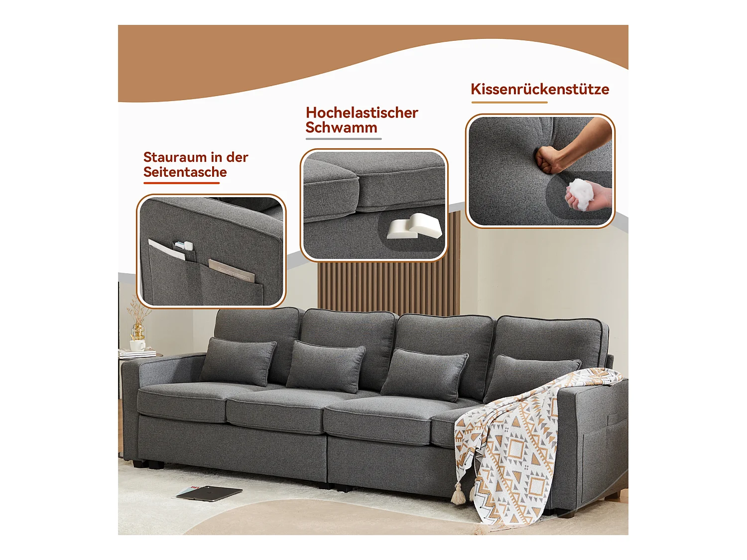 Sofá de 4 plazas, 264x83x87cm, tejido de lino, con bolsillos en los reposabrazos y 4 cojines, estilo sencillo, para salón, gris oscuro