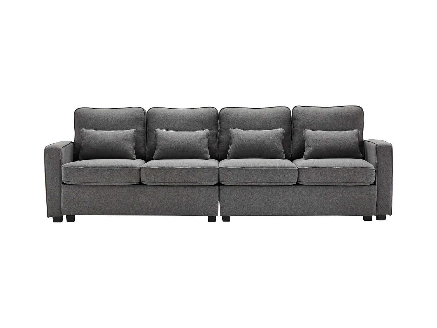Sofá de 4 plazas, 264x83x87cm, tejido de lino, con bolsillos en los reposabrazos y 4 cojines, estilo sencillo, para salón, gris oscuro