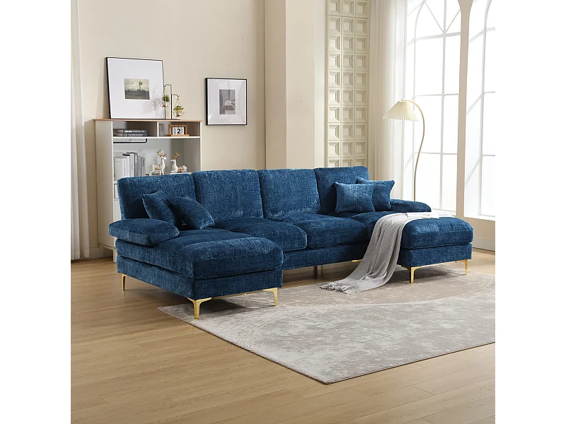 Canapé d'angle 4 places, 272x136x88cm,Grand canapé en forme de U, moderne, en tissu chenille, bleu