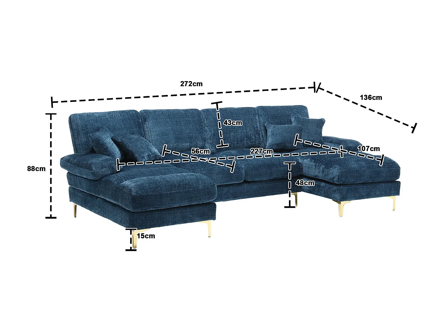 Canapé d'angle 4 places, 272x136x88cm,Grand canapé en forme de U, moderne, en tissu chenille, bleu